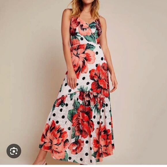 Farm Rio Riviera Eyelet Maxi Dress Anthropologie Riviera Red Floral - Picture 3 of 15